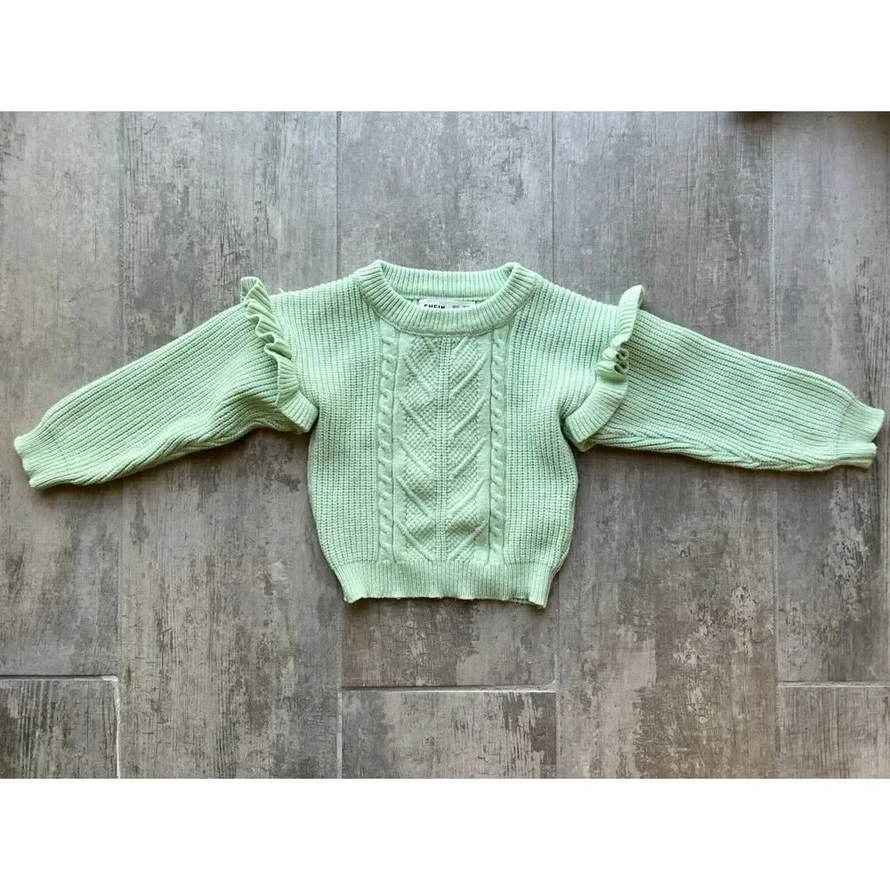 Toddler Girls Ruffle Trim Cable Knit Pullover Sweater Fashion Mint Green 2T